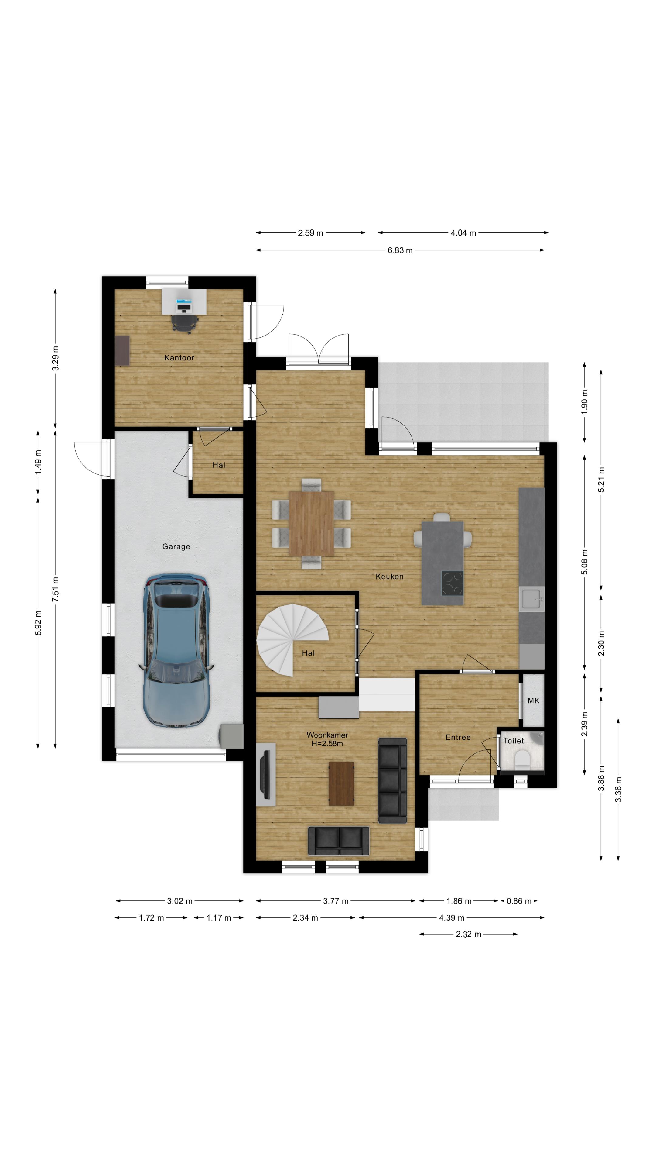 Ingerichte woningplattegrond met kantoor, garage en woonkeuken